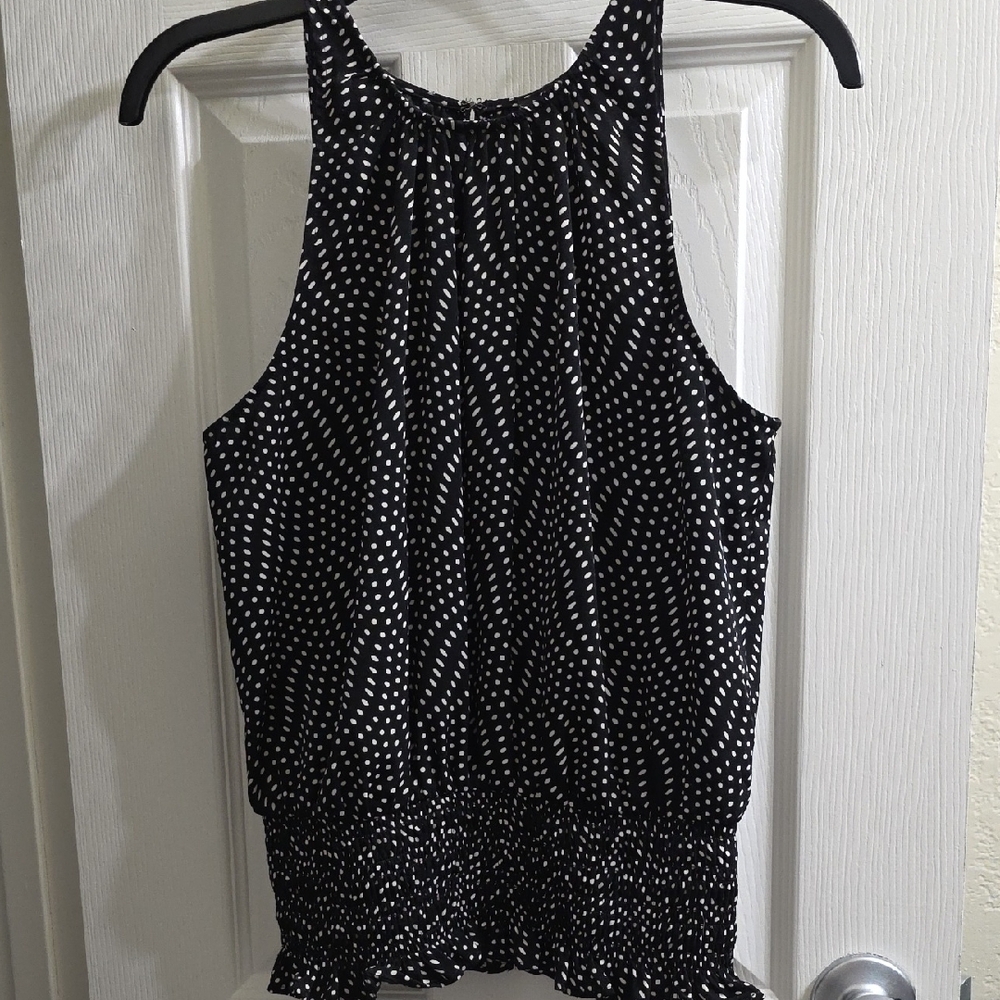 Express Black and White Polka Dot Halter Tank with Smocked Waist Size M